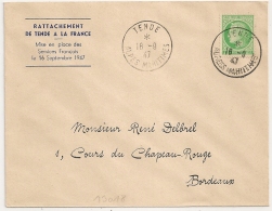 Ratttachement De TENDE A La FRANCE. Alpes Maritimes. 16 -9 - 1947. Sur Enveloppe Ouverte. - 1921-1960: Modern Period