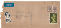 Great Britain Registered Airmail 1977 £1, 20p, 20p Machine Stamps Postal History Cover Sent To Pakistan. - Brieven En Documenten