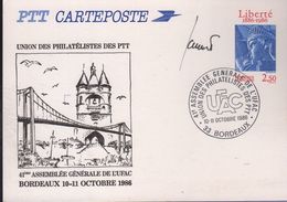 Carte Postale Entier 2,50 Liberté 1886-1986 Repiquée 41e Assemblée Générale De L'UFAC Oblitération Commémorative Bdx - Cartes Postales Repiquages (avant 1995)