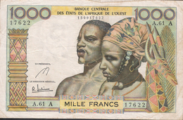 W.A.S.LETTER A IVORY COAST P103Ae 1000 FRANCS 1959 Signatures 5 AVF NO P.h. ! - West African States