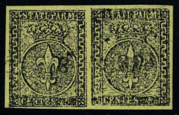 Oblitéré N° 1, 5c Jaune, Paire Hor. Superbe Signé Fiécchi, Sassone 1 : 500 € - Sonstige & Ohne Zuordnung