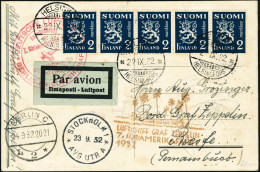 Lettre Zeppelin 7è SAF 1932. C.P. Non Illustrée. CàD Helsinki 22.IX.32. CàD De Transit... - Autres & Non Classés