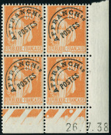 Neuf Sans Charnière N° 75. 80c  Orange Type Paix, Bloc De 4 Coin Daté 26.7.38. T.B. - Autres & Non Classés