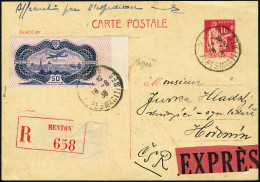 Lettre N° 15. 50f Burelé Sur EP à 1f Rose, Type Paix. Recommandé Express De Menton... - Autres & Non Classés