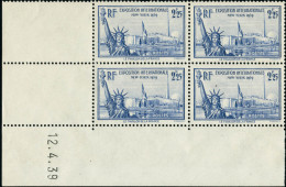 Neuf Sans Charnière N°426. 2f25 Exposition De New-York. 3 Blocs De 4ex. Coin Daté : 7.4, 11.4 Et... - Autres & Non Classés