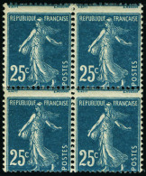 Neuf Sans Charnière N° 140, 25c Bleu Semeuse, Bloc De 4, Piquage à Cheval, T.B. - Autres & Non Classés
