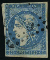 Oblitéré N° 44B, 20c Bleu Type I, Report 2, Léger Aminci Sinon T.B. - Sonstige & Ohne Zuordnung