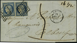 Lettre N° 4, 25c Bleu Cérès X 2ex Sur L De Rouen 11 Août 50 Pour Elbeuf, Taxe Manuscrite... - Autres & Non Classés