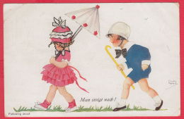 219211 / Illustrator Chicky Spark - Man Steigt Nach!, Knabe Folgt Mädchen Mit Regenschirm UMBRELLA , No. 618 AV 1922 - Spark, Chicky
