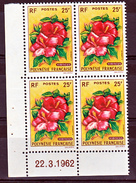 Polynésie Française  16 Hibiscus Bloc De 4 Coin Daté 22 3 62 Neuf ** TB  MNH Cote 125 - Unused Stamps