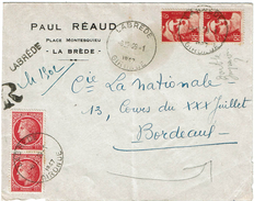 LCTN47/1 -  GANDON 6fr EN PAIRE VERT. VARIETE DOUBLE FRAPPE SUR LETTRE LA BREDE / BORDEAUX 29/1/1947 - Covers & Documents