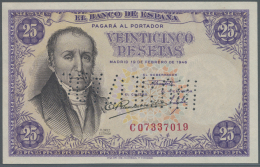 Spain / Spanien: 25 Pesetas 1946 Specimen P. 130s, Cancellation Perforation, With Regular Serial Numbers, Light Traces O - Altri & Non Classificati