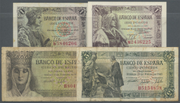 Spain / Spanien: Set Of 4 Notes Containing 1 Peseta 1943 P. 126a (XF), 5 Pesetas 1943 P. 127a (F To F-), 1 Peseta 1945 P - Autres & Non Classés