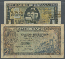 Spain / Spanien: Set Of 2 Notes Containing 1 Peseta 1940 P. 122a (F-) And 5 Pesetas 1940 P. 123a (F). (2 Pcs) - Altri & Non Classificati