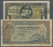 Spain / Spanien: Set Of 2 Notes Containing 1 Peseta 1940 P. 122a (F-) And 5 Pesetas 1940 P. 123a (F). (2 Pcs) - Autres & Non Classés