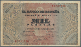 Spain / Spanien: 1000 Pesetas 1938 P. 115a, Used With Horizontal And Vertical Folds, Creases, 2 Border Tears (4mm), Pape - Autres & Non Classés