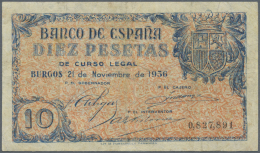Spain / Spanien: 10 Pesetas 1936 P. 98a, Vertical And Horizontal Folds, Small Restoration At Upper And Lower Border Cent - Autres & Non Classés