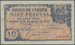 Spain / Spanien: 10 Pesetas 1936 With Cancellation "inutilizado", Regular Serial Number, P. 98s, Light Center Fold And T - Other & Unclassified