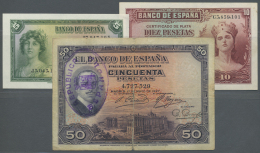 Spain / Spanien: Set Of 3 Notes Containing 50 Pesetas 1928 P. 80 (VG+), 5 Pesetas 1935 P. 85a (aUNC) And 10 Pesetas 1935 - Altri & Non Classificati