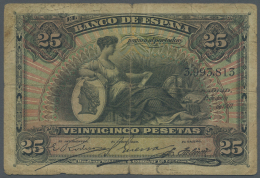 Spain / Spanien: 25 Pesetas 1907 P. 62a, Stronger Used, Strong Folds, Center Hole, Stained Paper, Condition: F-. - Altri & Non Classificati