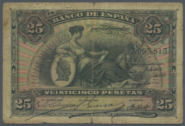 Spain / Spanien: 25 Pesetas 1907 P. 62a, Stronger Used, Strong Folds, Center Hole, Stained Paper, Condition: F-. - Other & Unclassified