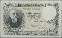 Spain / Spanien: 50 Pesetas 1905 P. 56, Rare Banknote, 3 Light Vertical And One Horizontal Fold, One Tiny 2mm Tear At Up - Autres & Non Classés