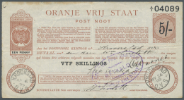 South Africa / Südafrika: Oranje Vrij Staat, 5 Shillings 1900 P. S683, Used With Several Folds And Creases, Stainin - Sudafrica
