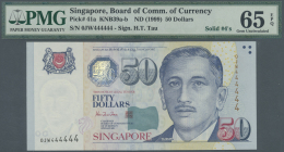 Singapore / Singapur: 50 Dollars ND(1999) P. 41a With Special Serial Number 0JW444444, PMG Graded 65 Gem UNC EPQ. - Singapour