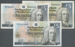 Scotland / Schottland: Set Of 3 Notes Of 5 Pounds The Royal Bank Of Scotland Plc Containing Dates 1987 (F), 2005 (UNC) A - Autres & Non Classés