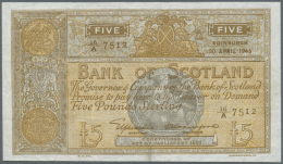 Scotland / Schottland: 5 Pounds 1945 P. 97b, Bank Of Scotland, 2 Vertical Folds, Handling In Paper, Staining At Lower Bo - Altri & Non Classificati