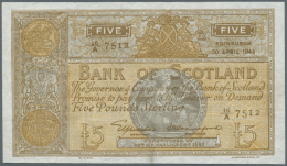 Scotland / Schottland: 5 Pounds 1945 P. 97b, Bank Of Scotland, 2 Vertical Folds, Handling In Paper, Staining At Lower Bo - Autres & Non Classés