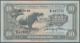 Rwanda-Burundi / Ruanda-Burundi: 10 Francs 1960 P. 2a, Light Center Fold, Otherwise Perfect, Condition: XF+. - Ruanda-Urundi