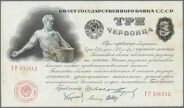 Russia / Russland: 3 Chervontsa 1924, P.197b. Several Folds, Brownish Spots Along The Note And Obviously Washed. Conditi - Russie