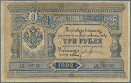 Russia / Russland: 3 Rubles 1892 P. A55, Used With Several Folds And Creases In Paper, A Few Minor Holes In Center, Mino - Russia