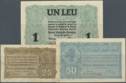 Romania / Rumänien: Set Of 3 Notes Containing 25, 50 Bani And 1 Lei ND(1917) P. M1-M3, The 25 In Condition F, The 5 - Romania