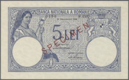 Romania / Rumänien: 5 Lei 1938 Specimen P. 40s, Rare Note, With Regular Serial Number And Specimen Overprint, A Lig - Romania