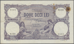 Romania / Rumänien: 20 Lei 1920 P. 20e, Vertical And Horizontal Folds, Creases, No Tears, One Hole At Upper Right, - Roumanie