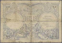 Romania / Rumänien: 10 Lei 1877 P. 2a, Very Strong Used Note With Strong Vertical And Horizontal Fold, Staining In - Romania