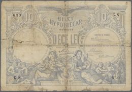 Romania / Rumänien: 10 Lei 1877 P. 2a, Very Strong Used Note With Strong Vertical And Horizontal Fold, Staining In - Roumanie