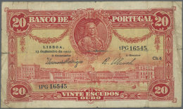 Portugal: 20 Escudos 1925 P. 135, Strong Horizontal Fold, Center Hole, Strong Vertical Fold, Not Repaired, Still Nice Co - Portugal