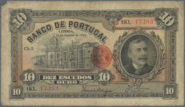 Portugal: 10 Escudos 1925 P. 134 In Stronger Used Condition With Stonger Folds, Stained Paper And A Small Missing Part A - Portogallo