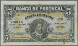 Portugal: 5 Escudos 1925 P. 133, Folds, Stain Dot At Lower Right, No Holes Or Tears, Condition: F. - Portugal