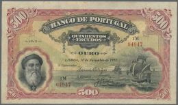 Portugal: 500 Escudos 1922 P. 130, Very Rare And Searched Note, Small Repair At Upper Border Center And Upper Left Corne - Portogallo