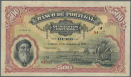 Portugal: 500 Escudos 1922 P. 130, Very Rare And Searched Note, Small Repair At Upper Border Center And Upper Left Corne - Portugal