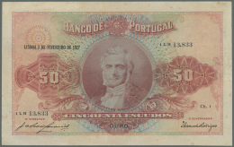 Portugal: 50 Escudos 1927 P. 123, Lightly Stained Paper, Only Light Folds, A Professionally Repaired 1cm Tear At Lower R - Portogallo