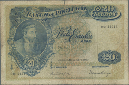 Portugal: 20 Escudos 1919 P. 118, Stained Paper, Several Folds, Strong Center Fold, Center Hole, One Border Tear 5mm At - Portogallo