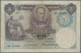 Portugal: 5 Escudos 1914 P. 114, Center Fold, Creases In Paper, Two 4mm Tears At Left Border, 2mm Tear At Upper Border, - Portogallo