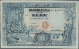 Portugal: 50.000 Reis 1910 P. 110, Center Fold, 2 Tiny Parts At The End Of The Center Fold (upper And Lower Border) Are - Portogallo