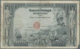 Portugal: 50.000 Reis 1910 P. 85, Rare Note, Center And Horizontal Fold, Some Border Tears, Missing Part At Lower Right - Portugal