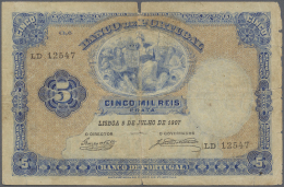 Portugal: 5000 Reis 1907 P. 83, Strong Center Fold, Stained Paper, A Broad Tear (5mm Long) At Upper Border Caused By Cen - Portugal